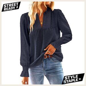 Long Sleeve V-Neck Blouse with Crochet Lace and Swiss Dot Detailing